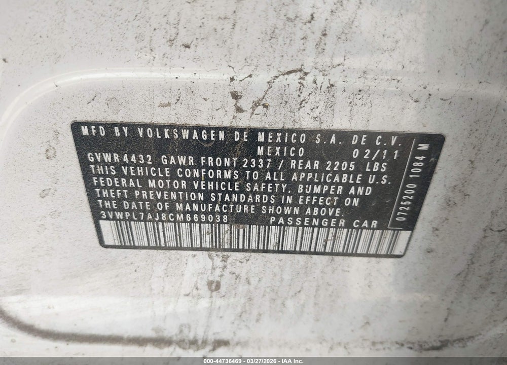 2012 VOLKSWAGEN JETTA SPORTWAGEN 2.0L TDI VIN: 3VWPL7AJ8CM669038
