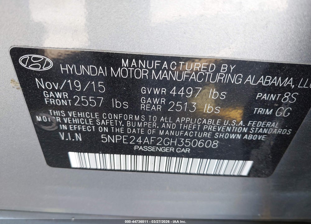2016 HYUNDAI SONATA SE VIN: 5NPE24AF2GH350608