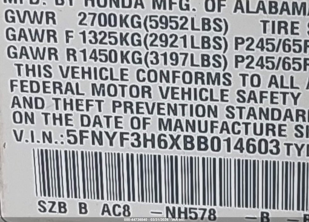 2011 HONDA PILOT EX-L VIN: 5FNYF3H6XBB014603