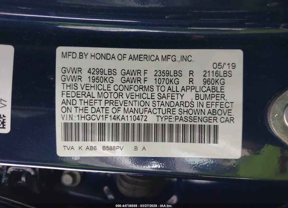 2019 HONDA ACCORD VIN: 1HGCV1F14KA110472