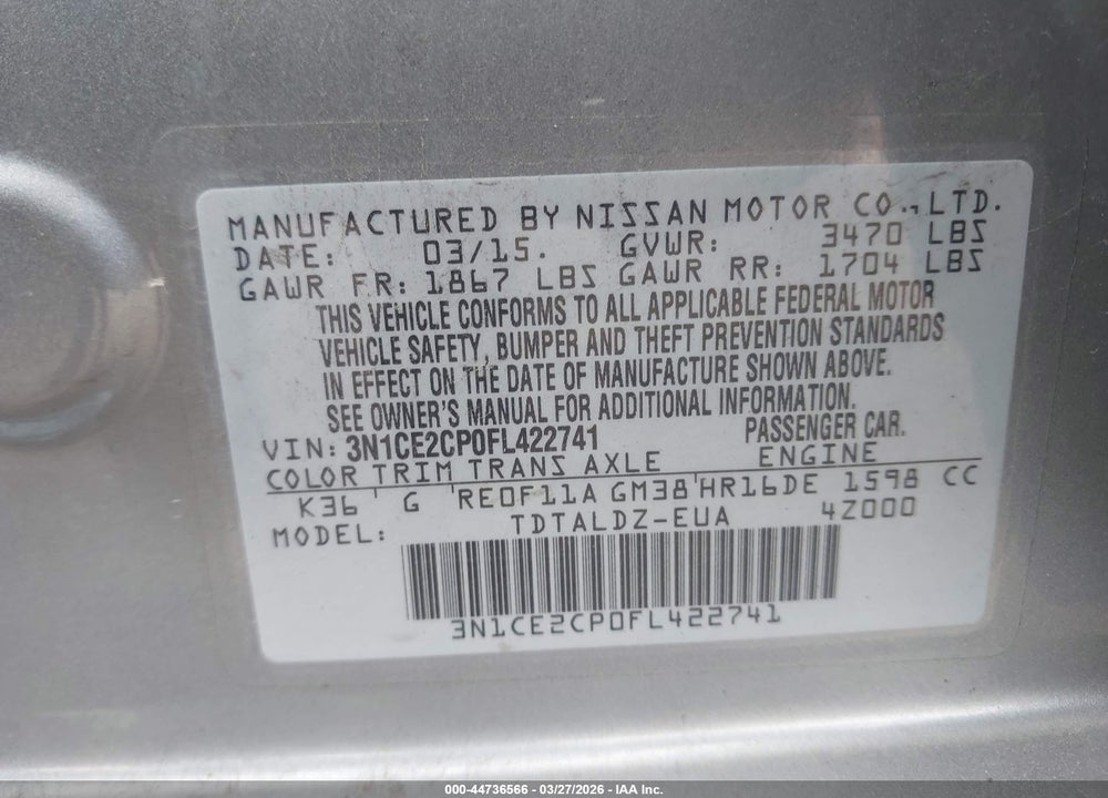 2015 NISSAN VERSA NOTE S (SR)/S PLUS/SL/SR/SV VIN: 3N1CE2CP0FL422741