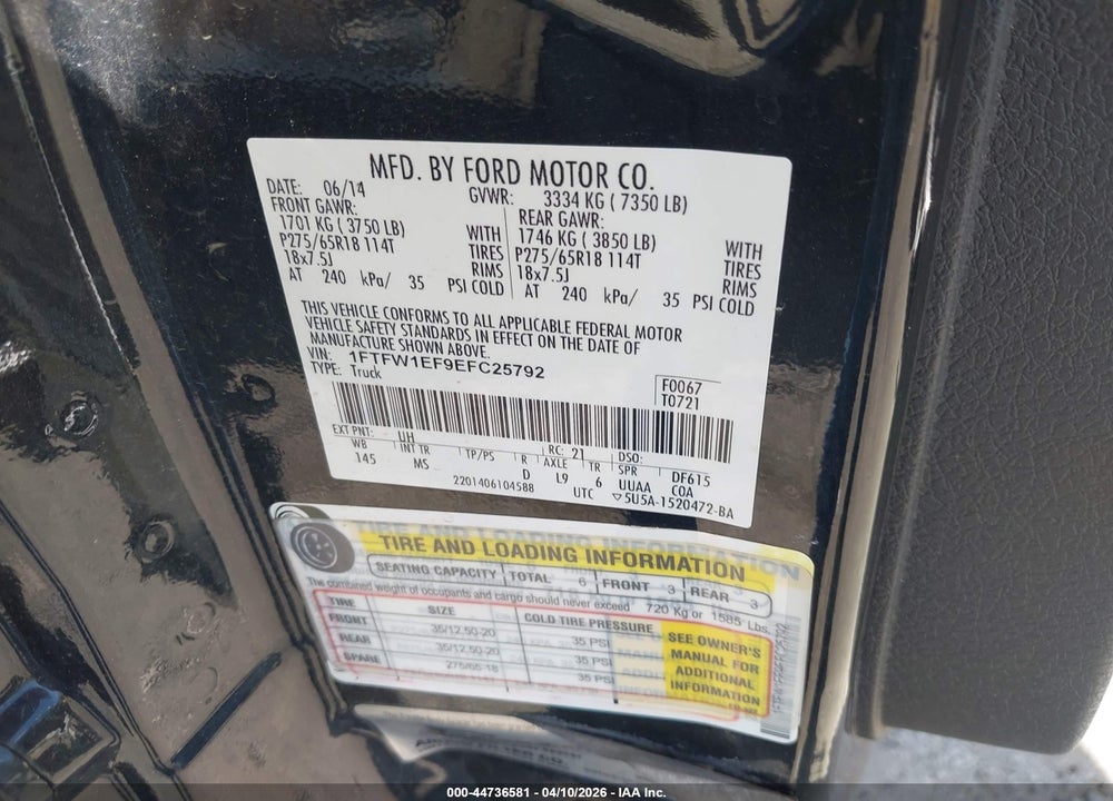 2014 FORD F-150 XLT VIN: 1FTFW1EF9EFC25792