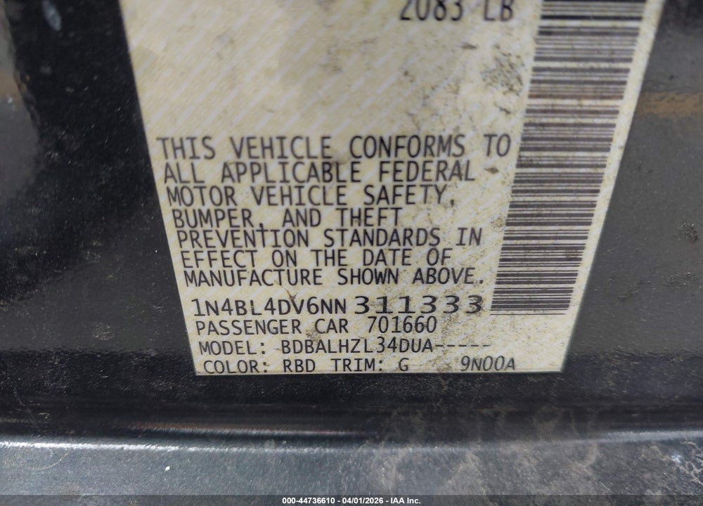 2022 NISSAN ALTIMA SV FWD VIN: 1N4BL4DV6NN311333
