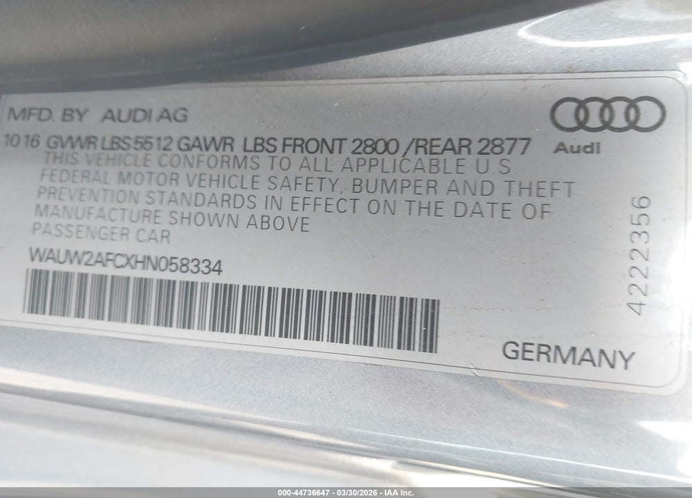 2017 AUDI A7 3.0T PREMIUM PLUS VIN: WAUW2AFCXHN058334