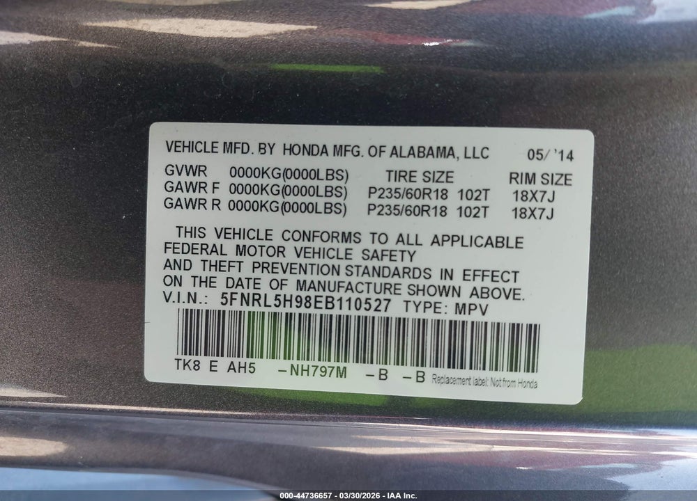 2014 HONDA ODYSSEY TOURING/TOURING ELITE VIN: 5FNRL5H98EB110527