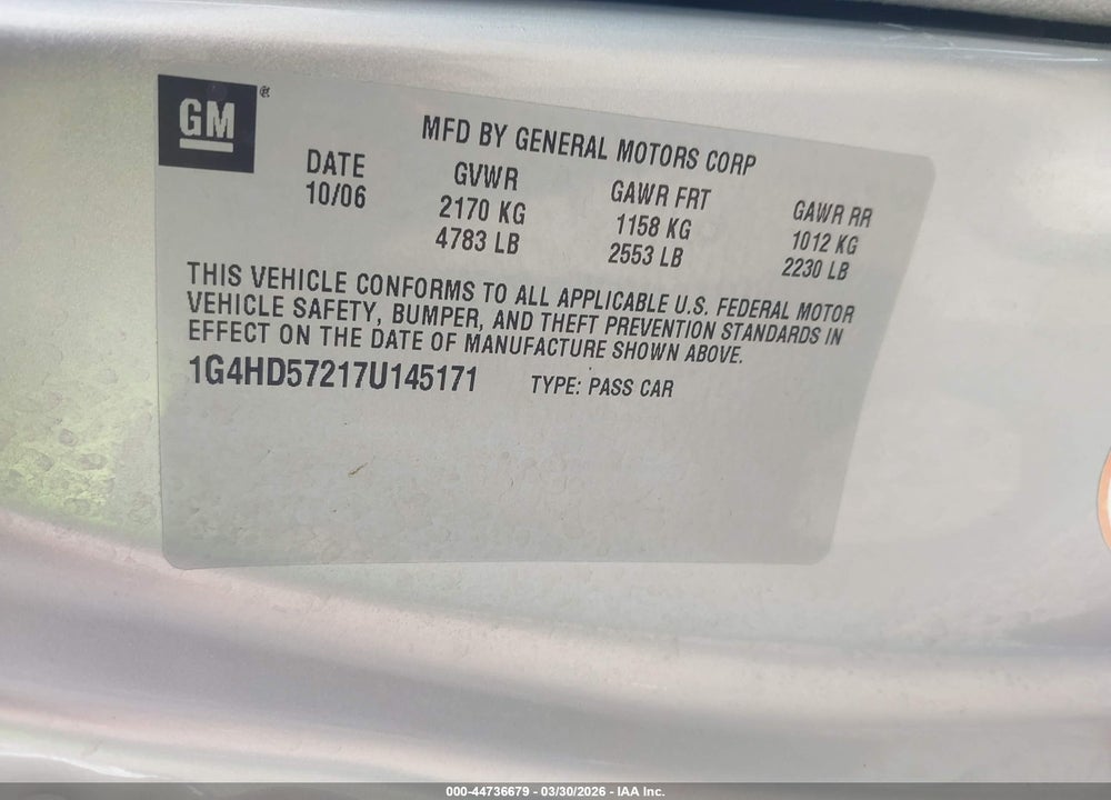2007 BUICK LUCERNE CXL VIN: 1G4HD57217U145171