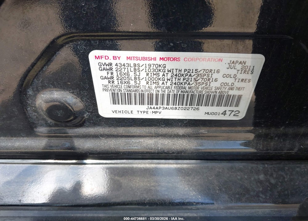 2011 MITSUBISHI OUTLANDER SPORT ES VIN: JA4AP3AU6BZ022726
