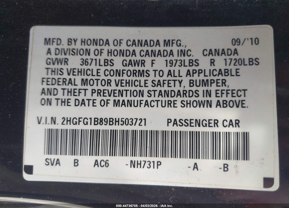 2011 HONDA CIVIC EX VIN: 2HGFG1B89BH503721