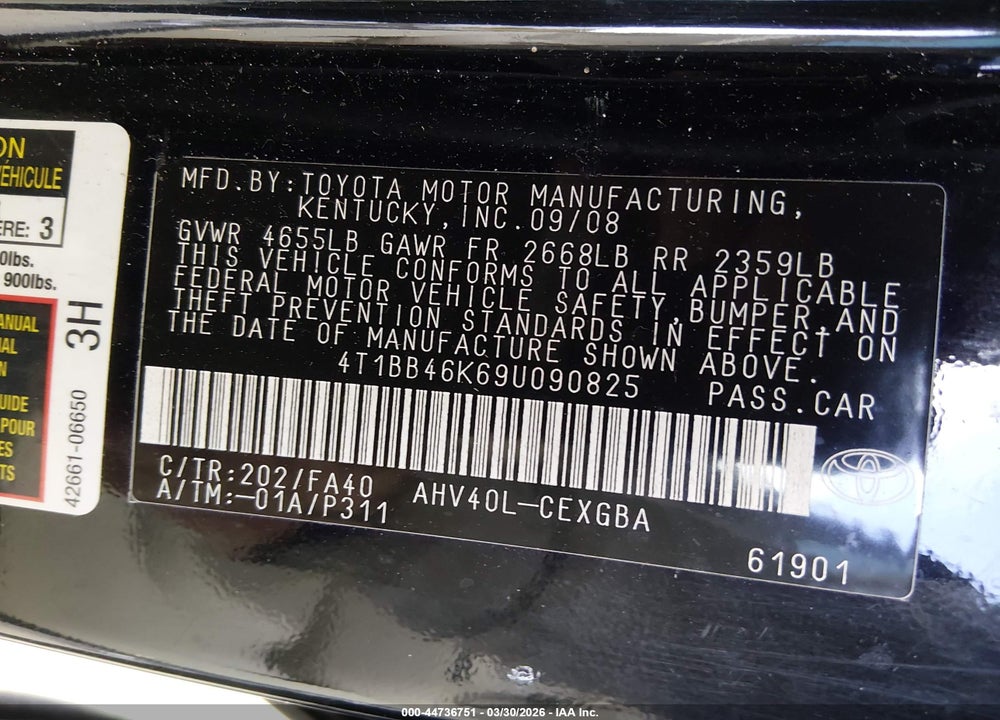 2009 TOYOTA CAMRY HYBRID VIN: 4T1BB46K69U090825