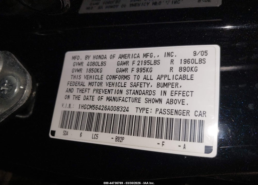 2006 HONDA ACCORD 2.4 LX VIN: 1HGCM56426A008324