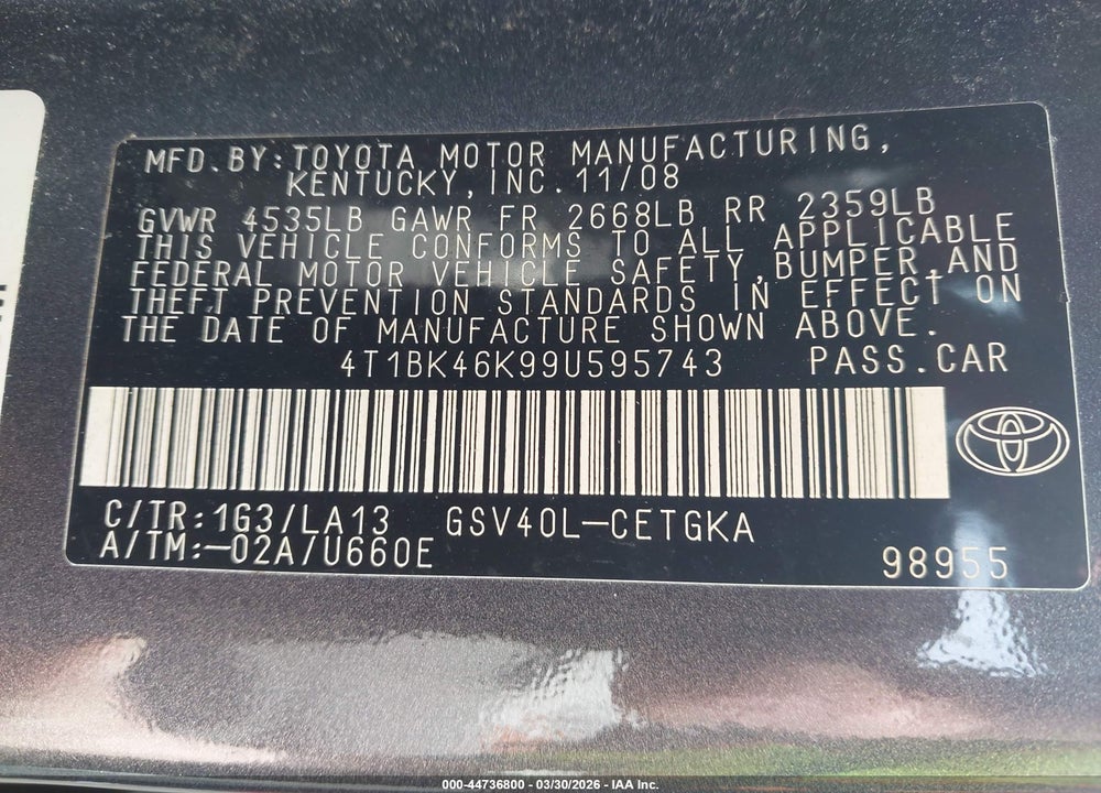 2009 TOYOTA CAMRY XLE V6 VIN: 4T1BK46K99U595743