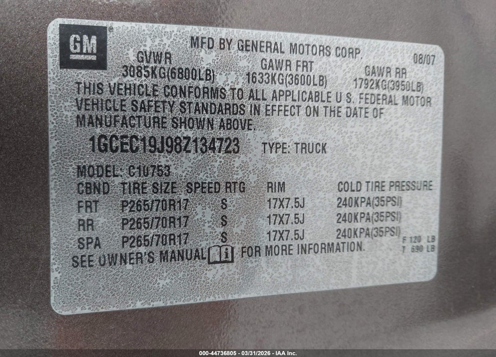 2008 CHEVROLET SILVERADO 1500 LT1 VIN: 1GCEC19J98Z134723
