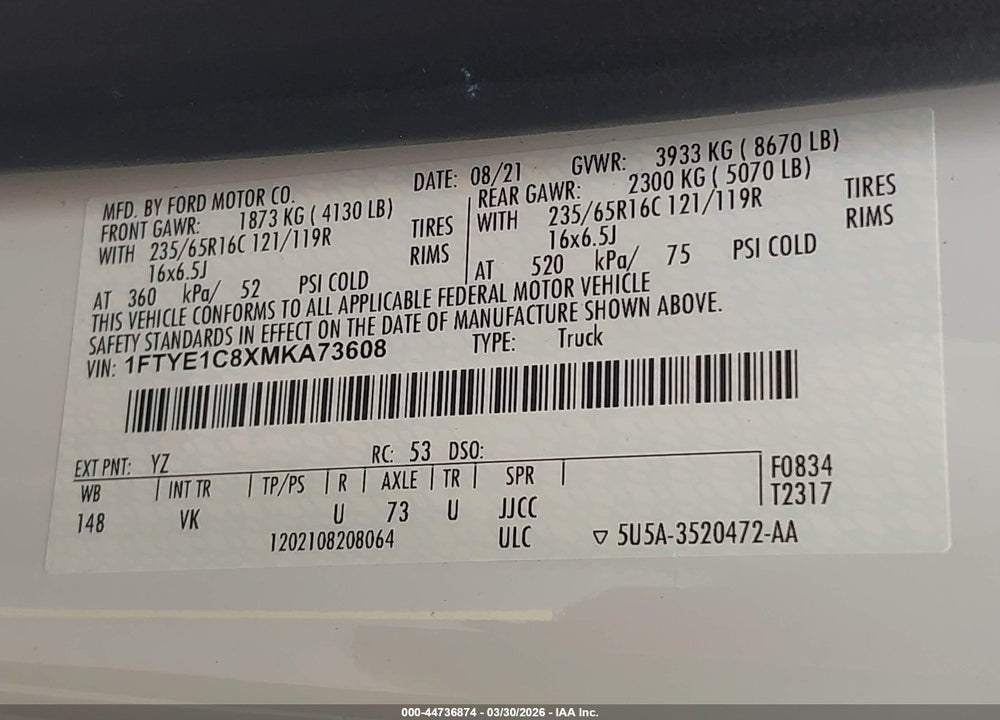 2021 FORD TRANSIT VIN: 1FTYE1C8XMKA73608