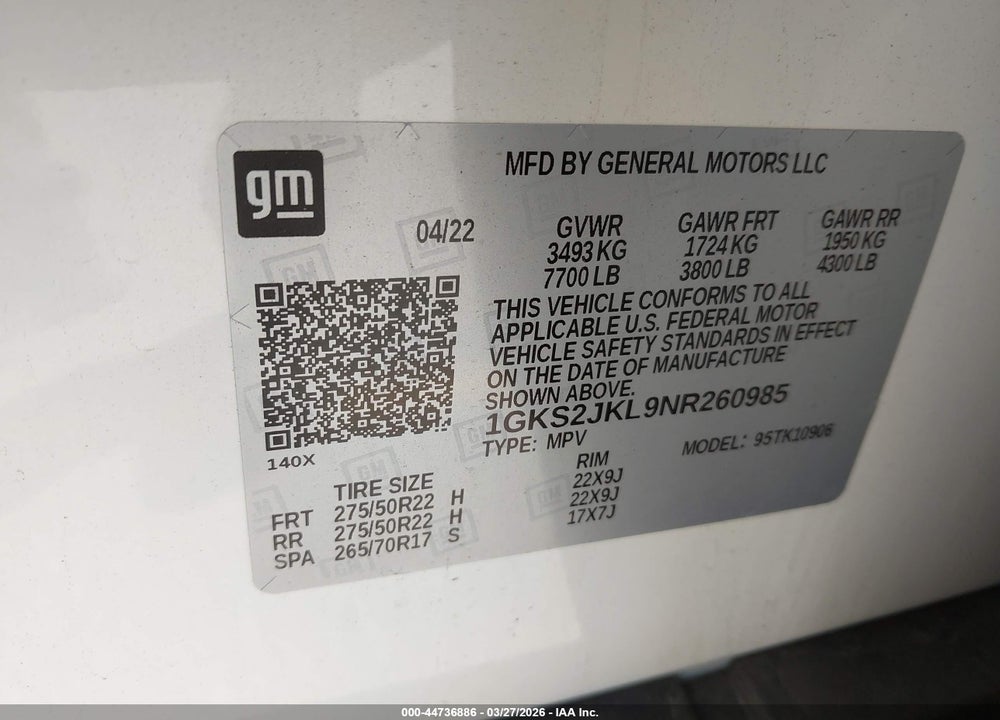 2022 GMC YUKON XL 4WD DENALI VIN: 1GKS2JKL9NR260985