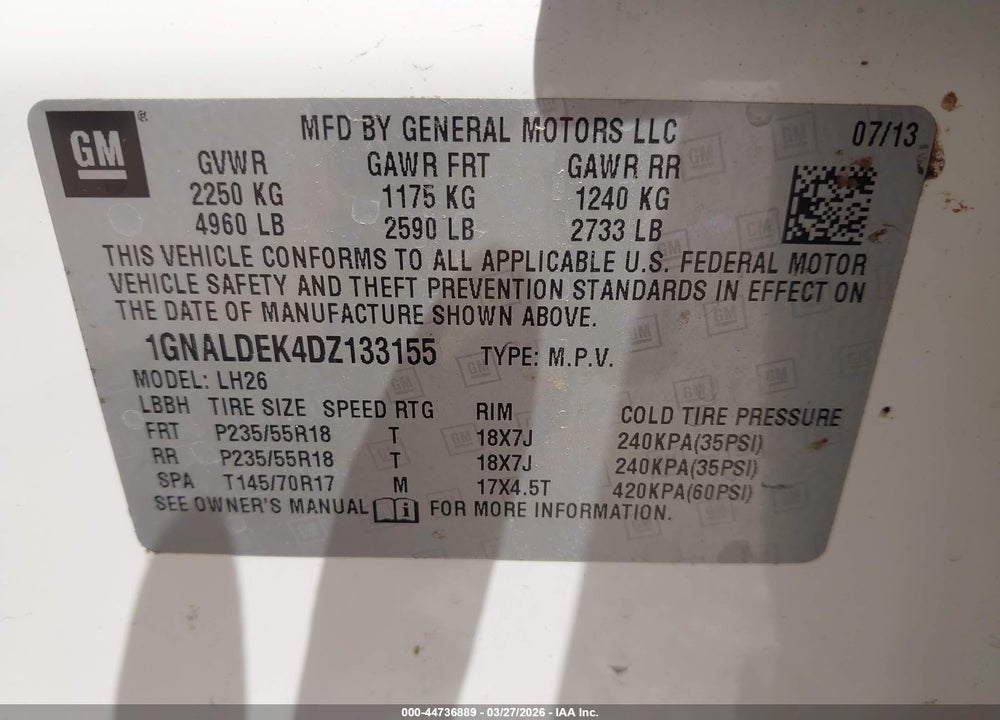 2013 CHEVROLET EQUINOX 1LT VIN: 1GNALDEK4DZ133155