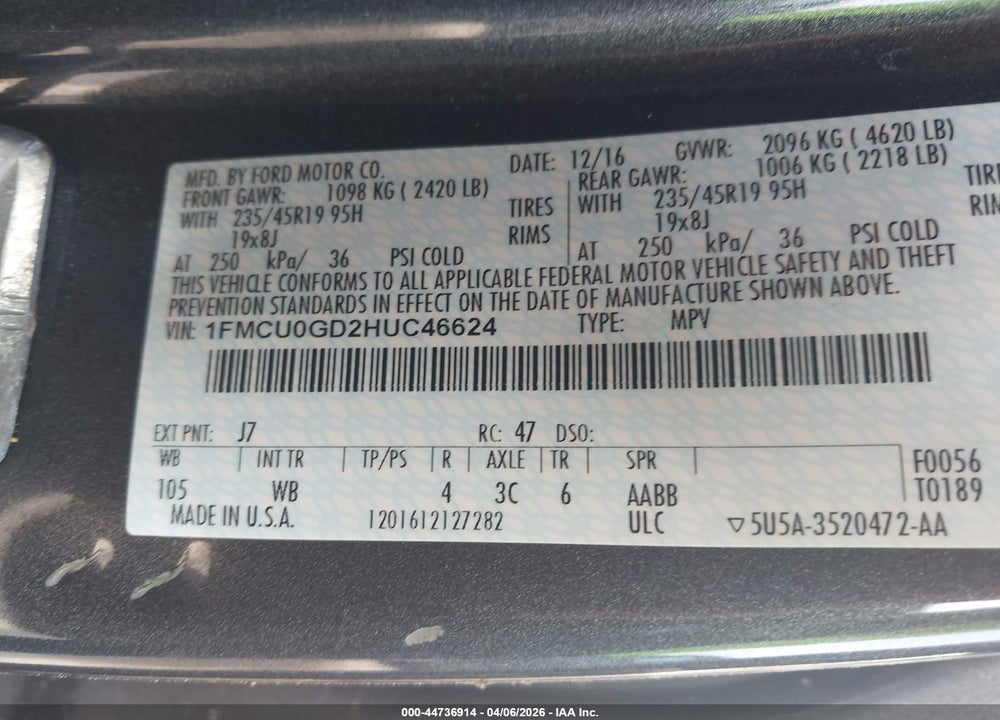 2017 FORD ESCAPE SE VIN: 1FMCU0GD2HUC46624