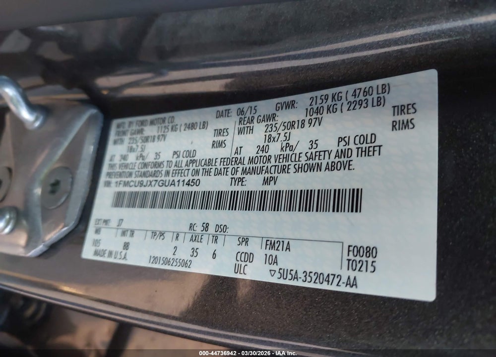 2016 FORD ESCAPE TITANIUM VIN: 1FMCU9JX7GUA11450