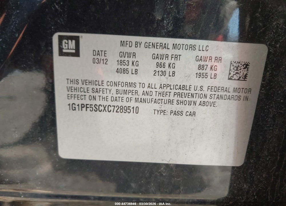 2012 CHEVROLET CRUZE 1LT VIN: 1G1PF5SCXC7289510