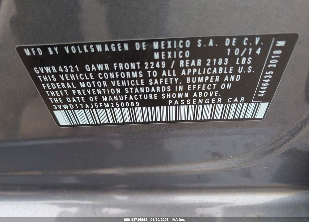 2015 VOLKSWAGEN JETTA 1.8T SE VIN: 3VWD17AJ5FM250089