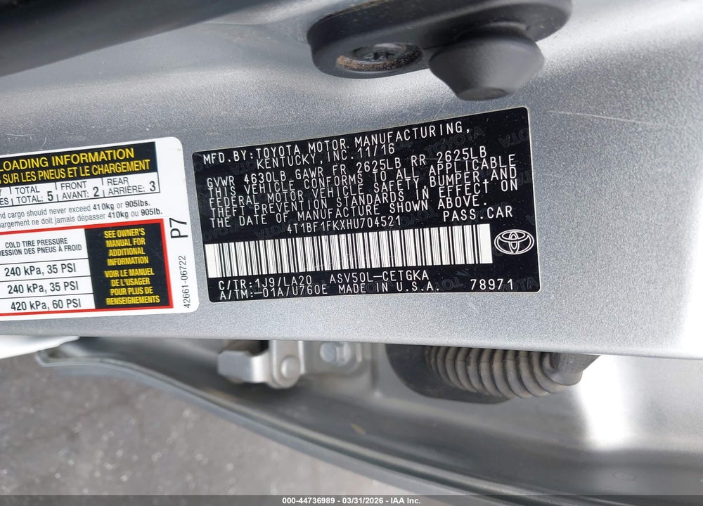 2017 TOYOTA CAMRY XLE VIN: 4T1BF1FKXHU704521