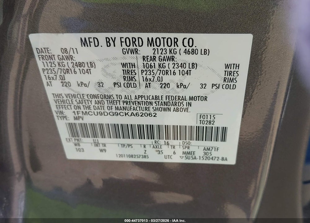 2012 FORD ESCAPE XLT VIN: 1FMCU9DG9CKA62062