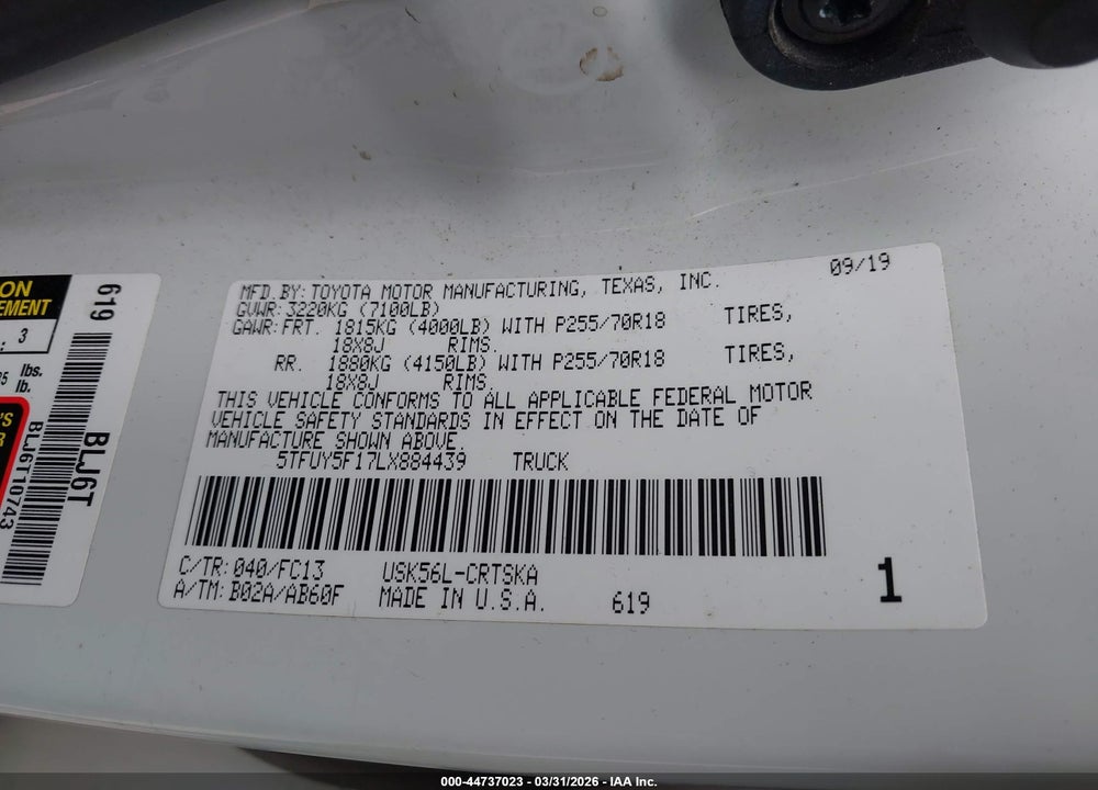 2020 TOYOTA TUNDRA SR5 VIN: 5TFUY5F17LX884439