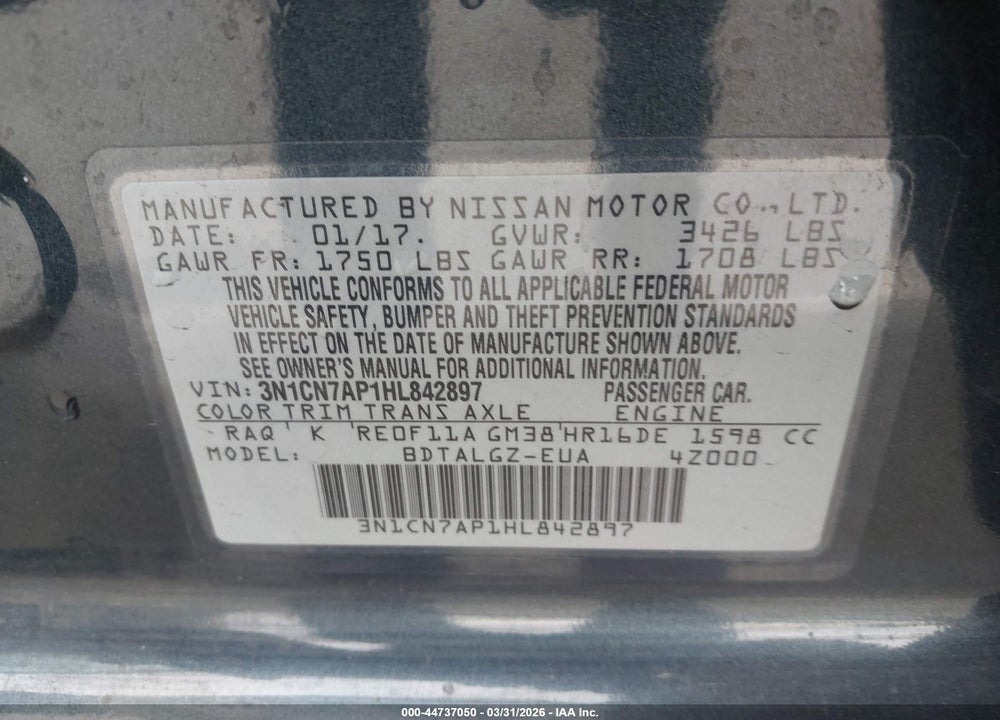 2017 NISSAN VERSA 1.6 SL VIN: 3N1CN7AP1HL842897