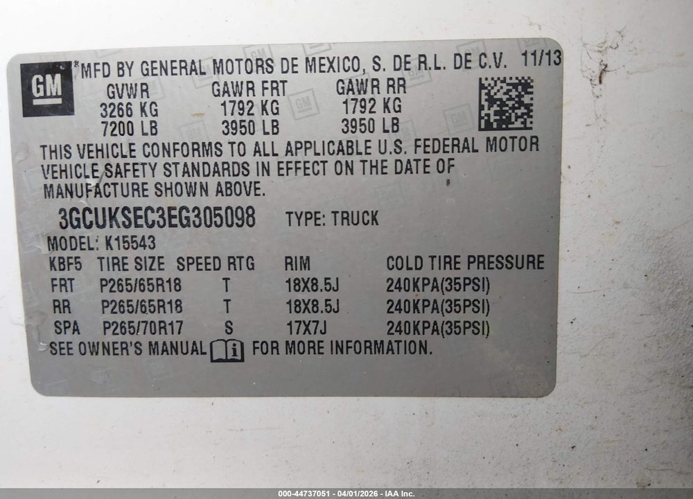 2014 CHEVROLET SILVERADO 1500 2LZ VIN: 3GCUKSEC3EG305098