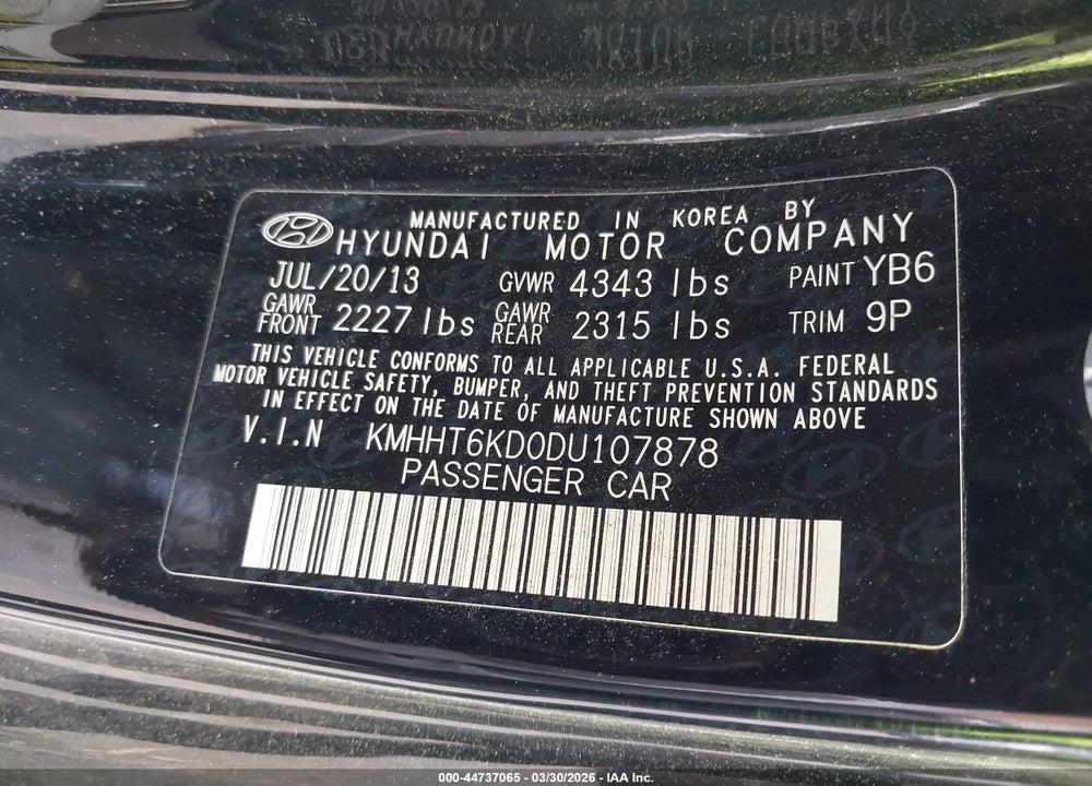 2013 HYUNDAI GENESIS 2.0T PREMIUM VIN: KMHHT6KD0DU107878