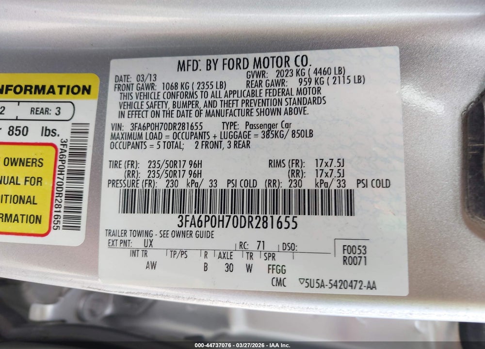 2013 FORD FUSION SE VIN: 3FA6P0H70DR281655