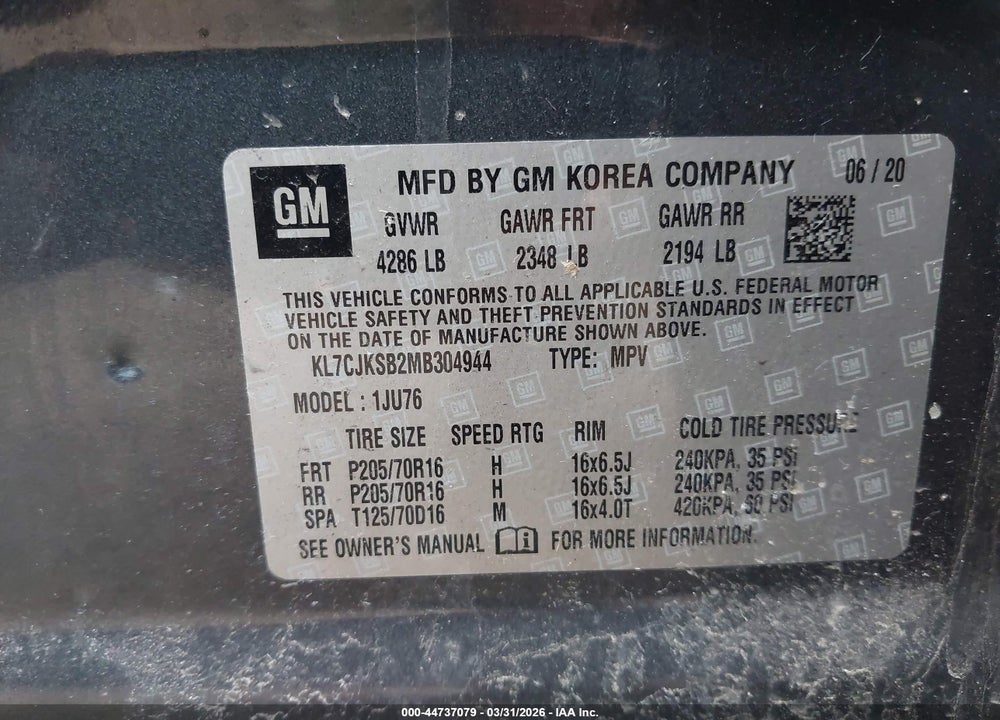 2021 CHEVROLET TRAX LS VIN: KL7CJKSB2MB304944