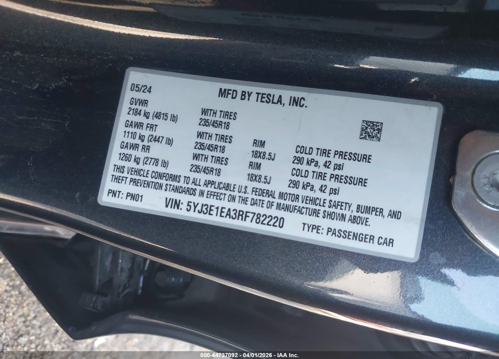 2024 TESLA MODEL 3 LONG RANGE DUAL MOTOR ALL-WHEEL DRIVE/REAR-WHEEL DRIVE VIN: 5YJ3E1EA3RF782220