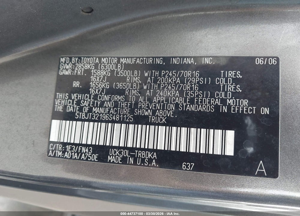 2006 TOYOTA TUNDRA BASE V8 VIN: 5TBJT32196S481125