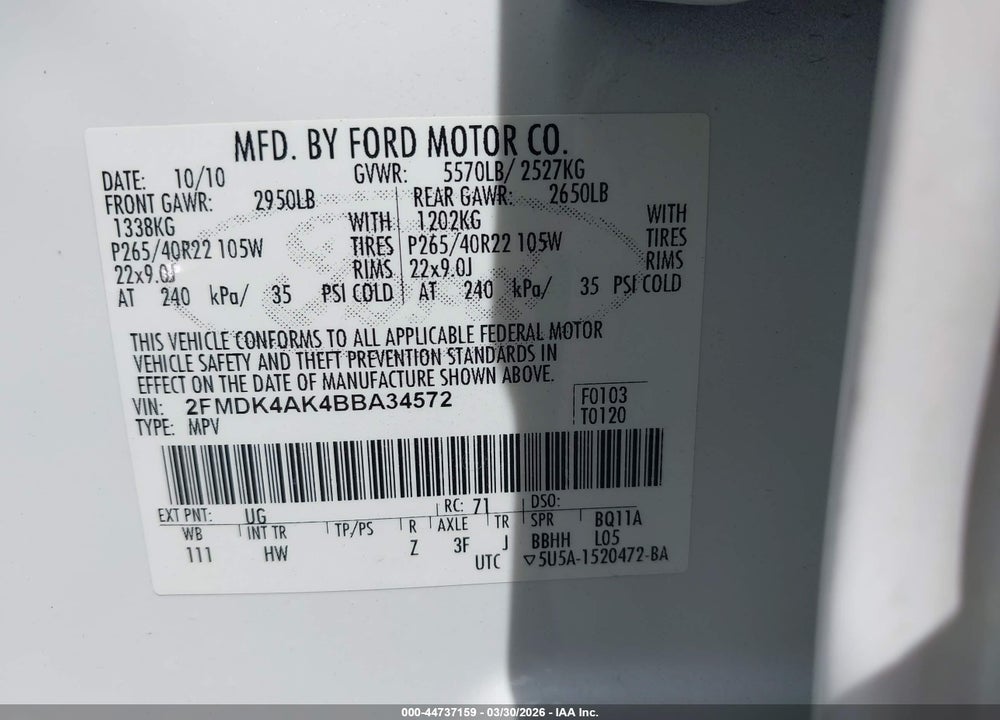 2011 FORD EDGE SPORT VIN: 2FMDK4AK4BBA34572