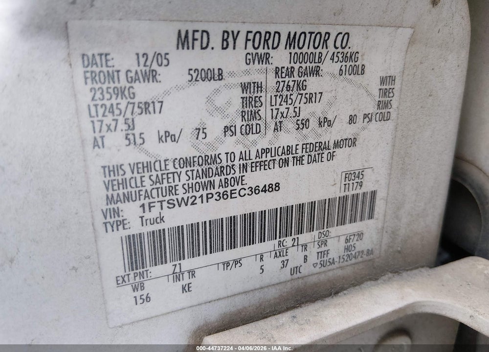 2006 FORD F-250 LARIAT/XL/XLT VIN: 1FTSW21P36EC36488