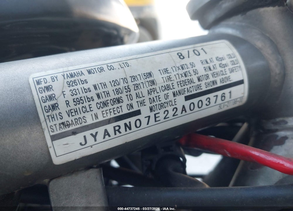2002 YAMAHA FZS10 VIN: JYARN07E22A003761