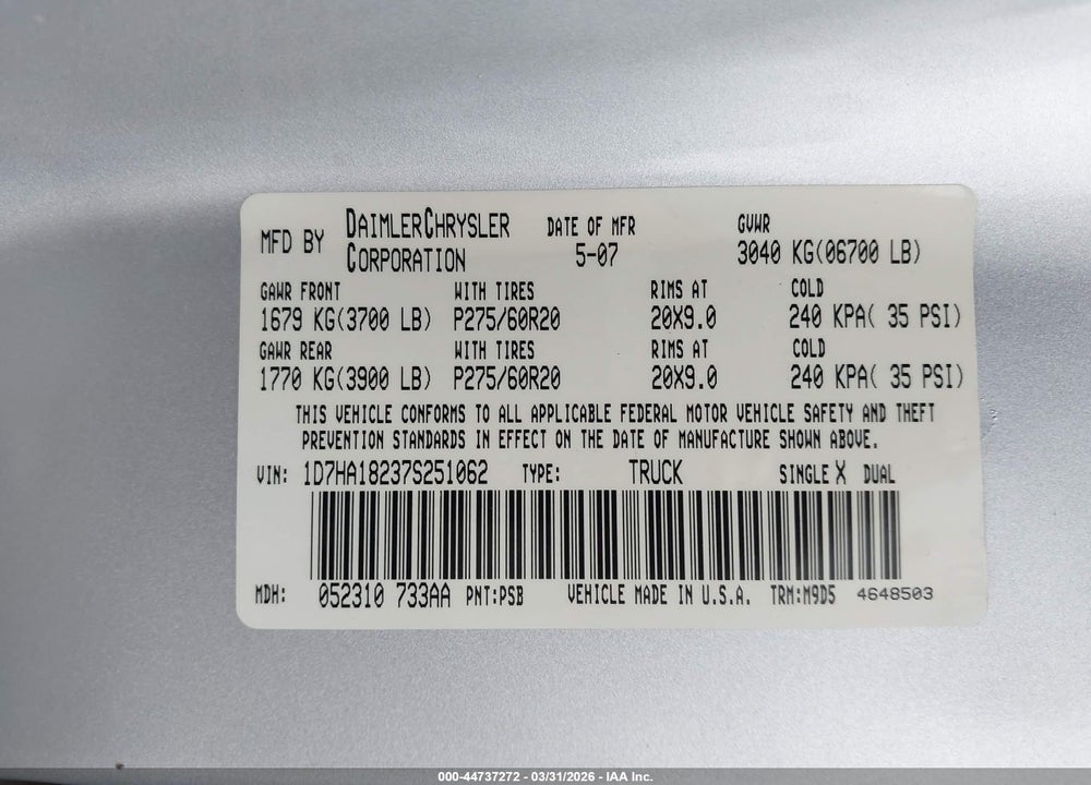 2007 DODGE RAM 1500 SLT VIN: 1D7HA18237S251062