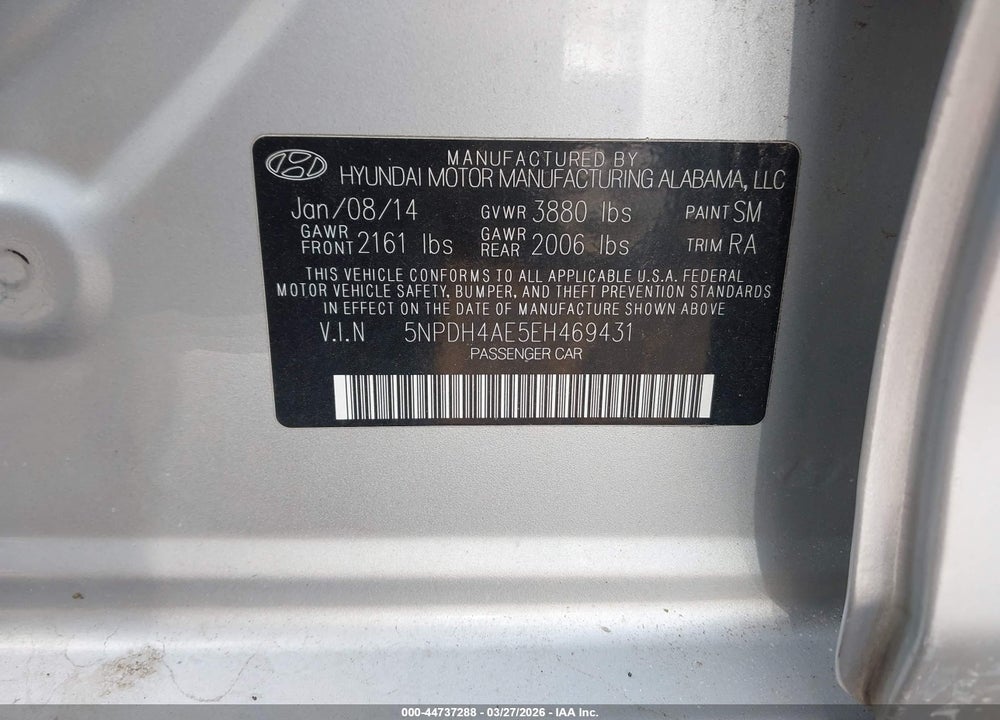 2014 HYUNDAI ELANTRA SE VIN: 5NPDH4AE5EH469431