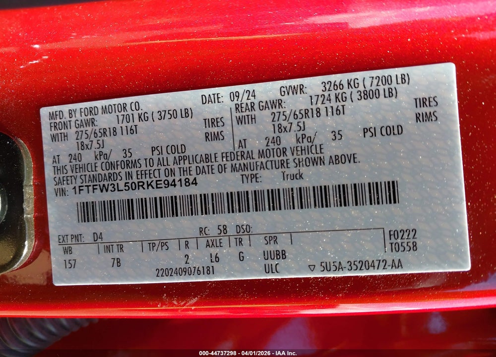 2024 FORD F-150 XLT VIN: 1FTFW3L50RKE94184