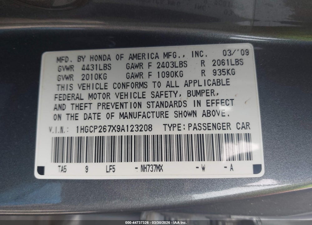 2009 HONDA ACCORD 2.4 EX VIN: 1HGCP267X9A123208