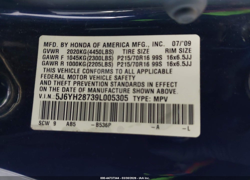 2009 HONDA ELEMENT EX VIN: 5J6YH28739L005305
