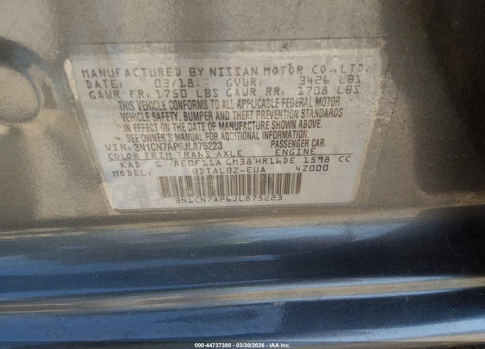 2018 NISSAN VERSA 1.6 SV VIN: 3N1CN7AP6JL875223
