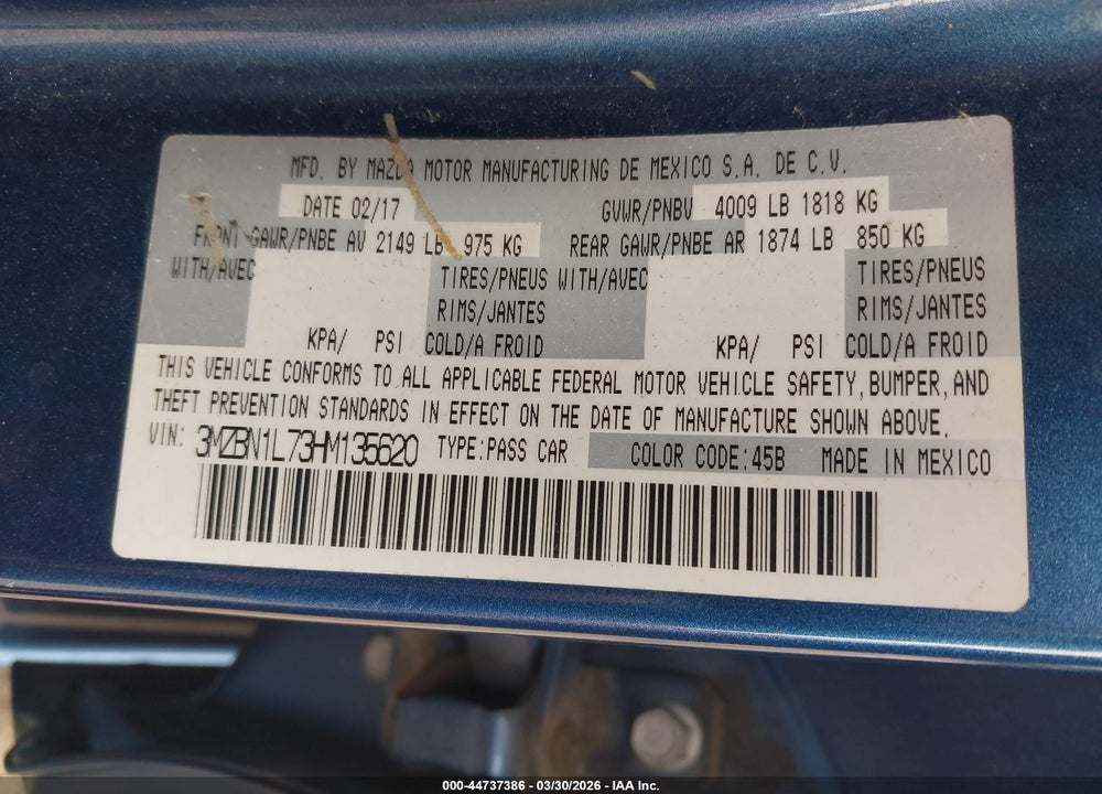 2017 MAZDA 3 TOURING VIN: 3MZBN1L73HM135620