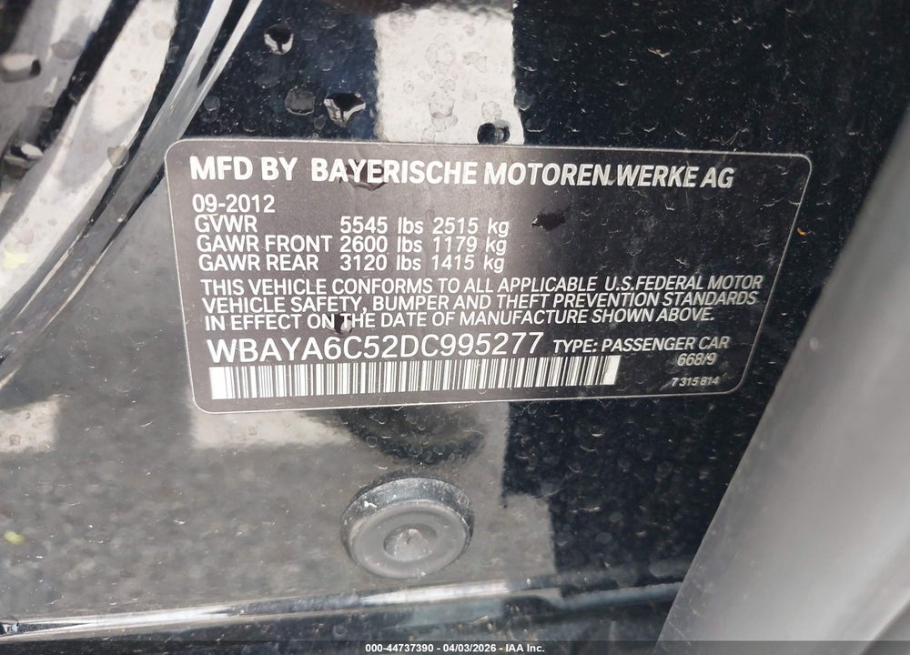 2013 BMW 740I VIN: WBAYA6C52DC995277