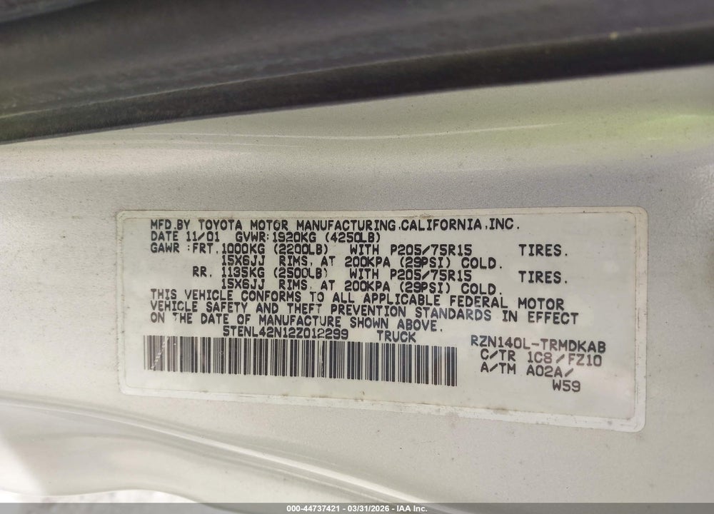 2002 TOYOTA TACOMA VIN: 5TENL42N12Z012299