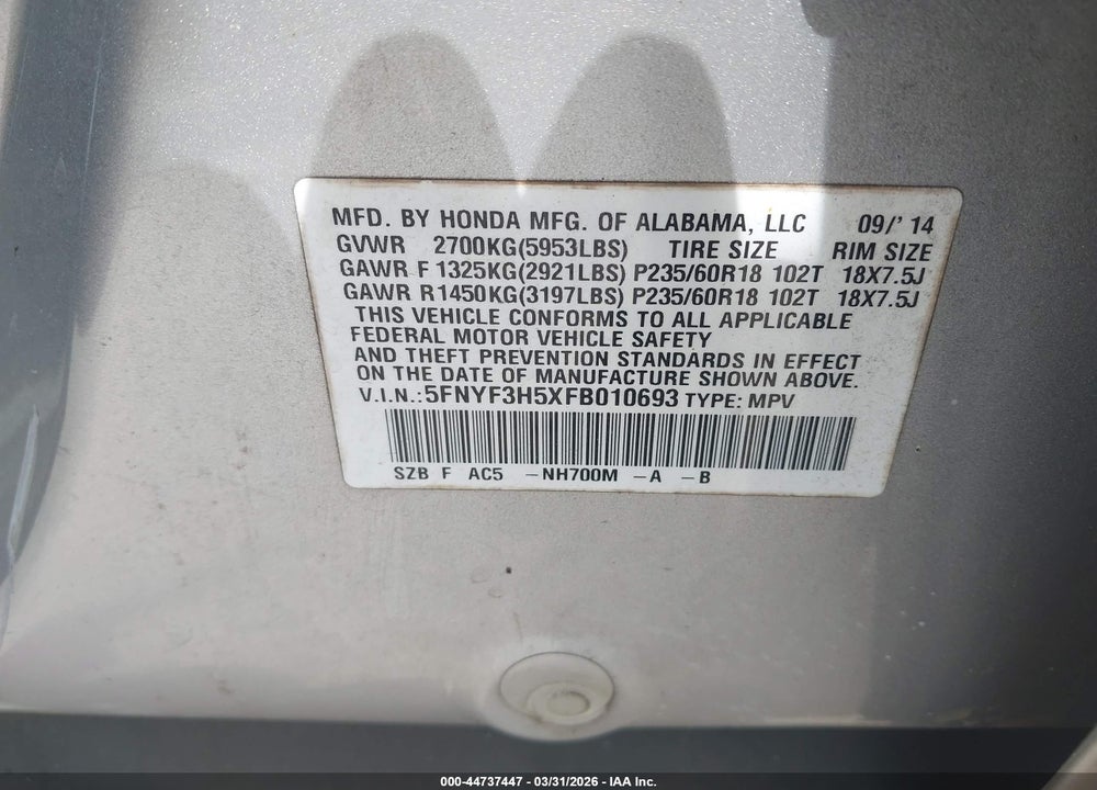 2015 HONDA PILOT EX-L VIN: 5FNYF3H5XFB010693