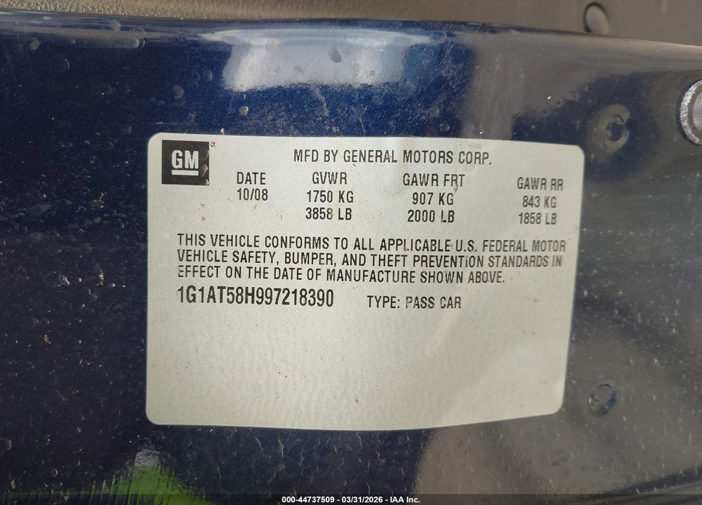2009 CHEVROLET COBALT LT VIN: 1G1AT58H997218390