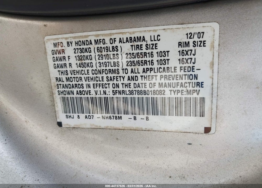 2008 HONDA ODYSSEY EX-L VIN: 5FNRL38788B018082