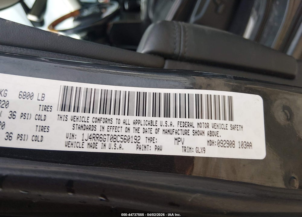 2011 JEEP GRAND CHEROKEE OVERLAND VIN: 1J4RR6GT0BC560192