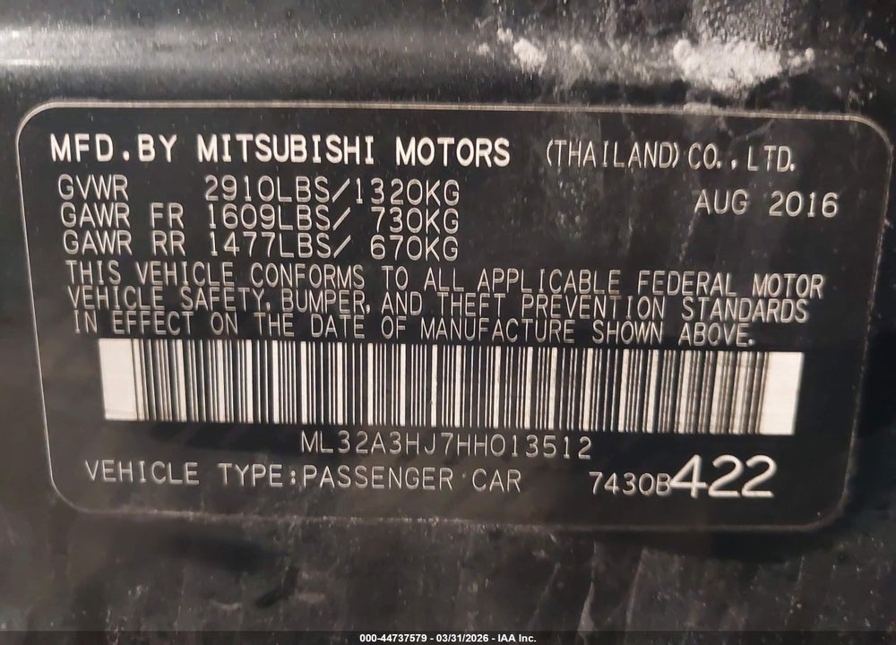 2017 MITSUBISHI MIRAGE ES VIN: ML32A3HJ7HH013512